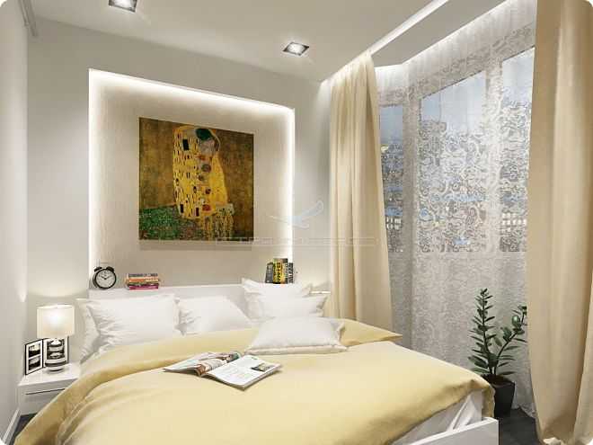 Дизайн спальни 15 квадратных метров, современный стиль с балконом