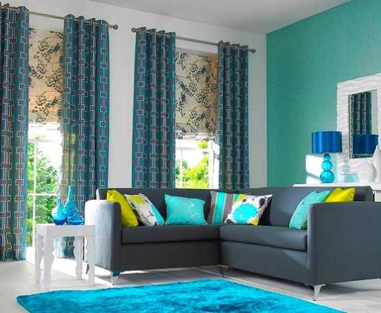 Бирюзовые шторы (45 фото в интерьере): занавески цвета бирюзы в гостиной и на кухне, в спальне, сочетание с коричневым и бежевым