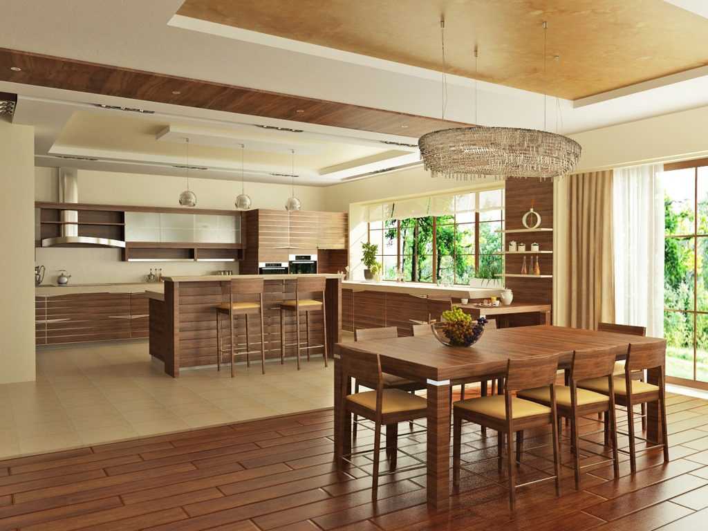 Дизайн интерьера кухни-столовой с гостиной в частном доме