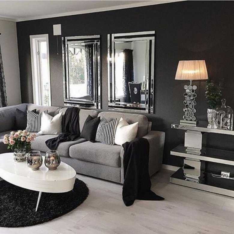 Дизайн чёрно-белого интерьера гостиной, варианты оформления зала с фото