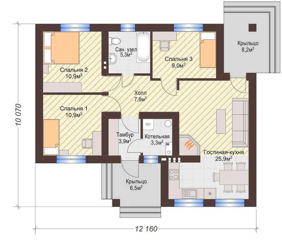 Планировка одноэтажного дома с 3 спальнями, способы и приемы оптимальной планировки - 15 фото
