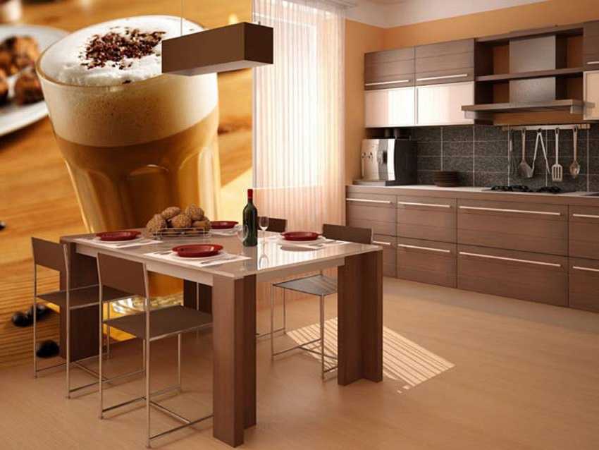 Дизайн интерьера кухни в кофейно-молочном цвете, сочетание ярких акцентов