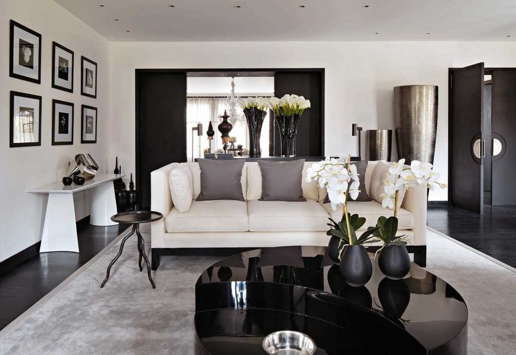 Черно-белая гостиная, дизайн интерьера - фото примеров