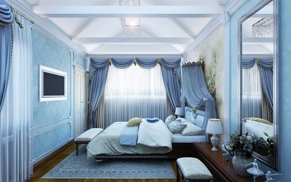 Спальня в голубых тонах (86 фото): обои и шторы в дизайне интерьера. какого цвета должны быть покрывала и стены? как голубой сочетается с белыми и серыми тонами? сочетание с темной мебелью