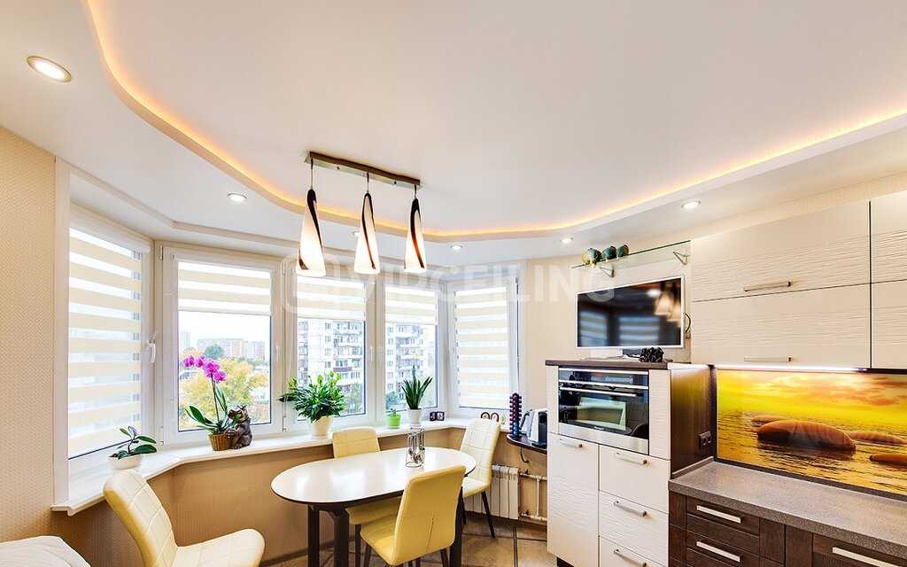 Натяжной потолок на кухне - фото двухуровневого глянцевого, матового натяжного потолока и освещения на кухне.кухня — вкус комфорта