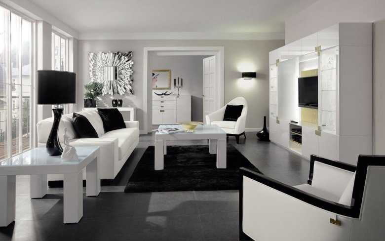 Особенности оформления интерьера гостиной в чёрно-белой цветовой гамме