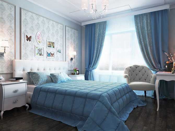 Голубые обои в спальне (29 фото): дизайн интерьера в голубых тонах, шторы и потолок