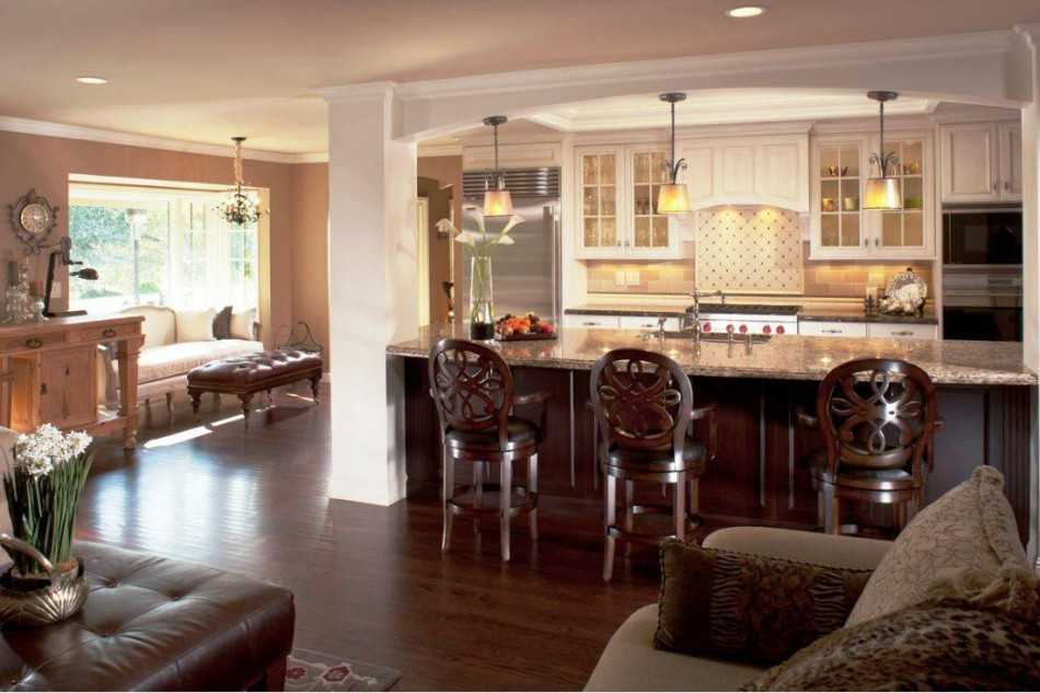 Кухня в загородном доме – варианты совмещения с гостиной, зонирование, выбор расцветки и стиля