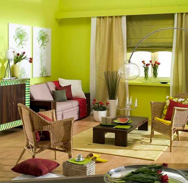 Обои оливкового цвета для стен в интерьере спальни, кухни и гостиной со шторами в темных и светлых тонах