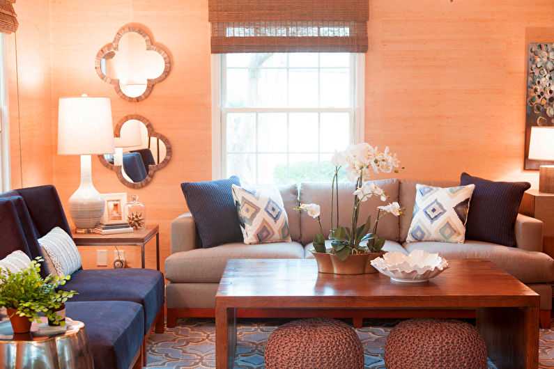 Персиковая гостиная: пастельные и насыщенные оттенки в оформлении стильного зала