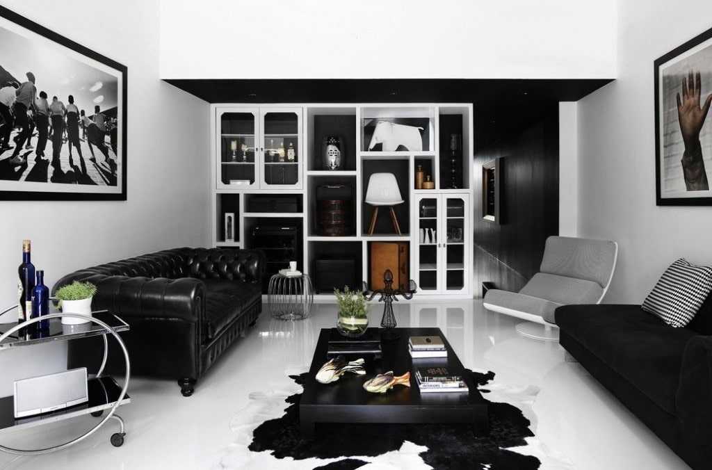 Интерьер бело черной гостиной - 120 фото примеров