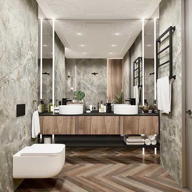 Ванная комната под мрамор: дизайн интерьера в сочетании с деревом, с белой плиткой
 - 14 фото